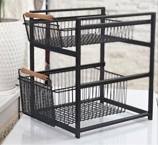 استند کشویی کابینتی هامر دو طبقه با سبد فلزی مشکی و دسته چوبی مناسب نظم‌دهی کابینت آشپزخانه