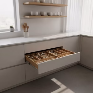 نظمدهنده آشپزخانه مینیمال برای مرتبسازی کشوها و قفسهها در فضایی روشن و آرام
