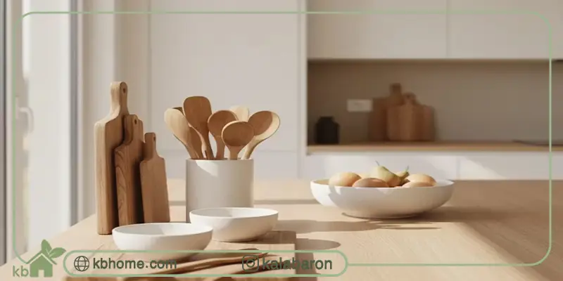 آشپزخانه روشن با وسایل چوبی و ظروف سفید سرامیکی روی میز چوبی