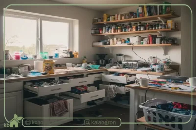 «آشپزخانه نامرتب با کشوهای باز، ظروف پراکنده و وسایل اضافی روی پیشخوان قبل از استفاده از نظم‌دهنده‌ها» 