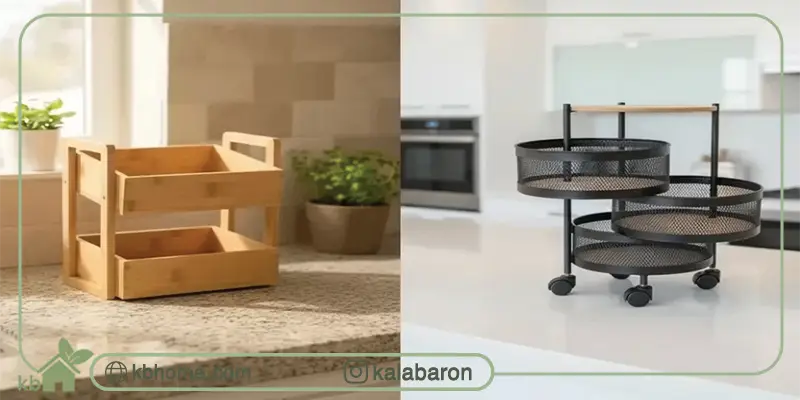 مقایسه جا سیب‌زمینی و پیاز چوبی و فلزی در آشپزخانه مدرن | مدل چوبی روی کانتر و مدل فلزی دو طبقه روی چرخ