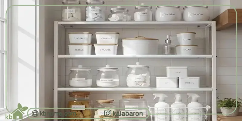 قفسه مرتب آشپزخانه با نظم‌دهنده‌های سفید و شیشه‌ای حاوی شوینده‌ها، دستمال و وسایل خانه کنار پنجره نورگیر
